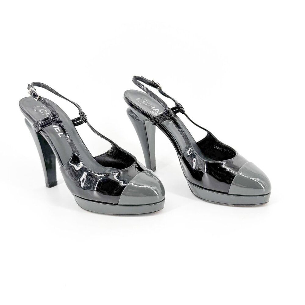 Chanel Cap Toe Slingback Pump Size 38.5 US 7.5-8 Black Patent Platform High Heel